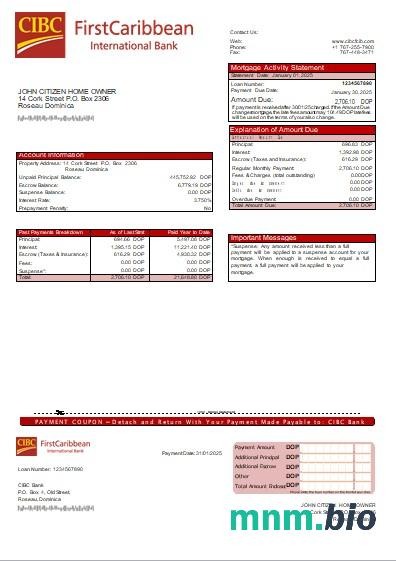 Dominika Bank CIBC wyciąg z kredytu hipotecznego szablon Word i PDF